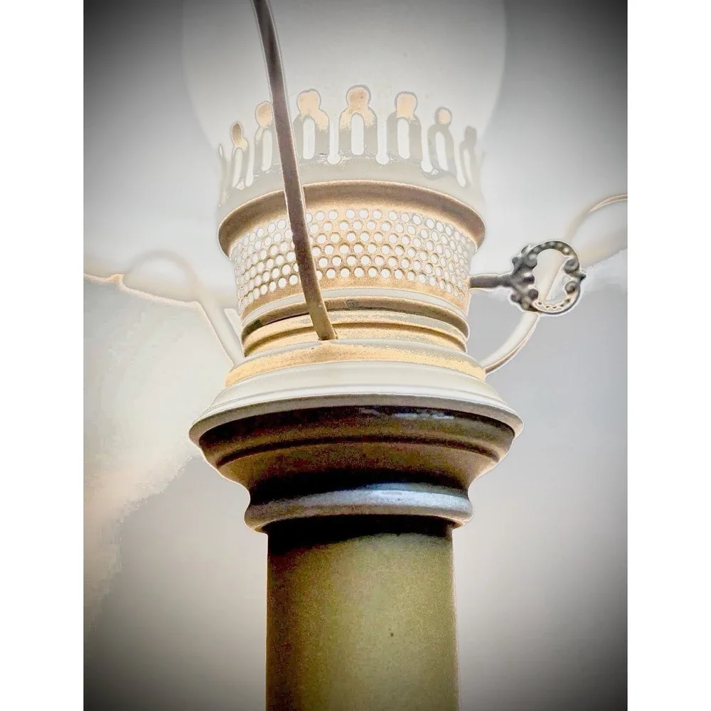 VTG Electric Parlor Lamp Faux Oil Hurricane Greenish Yellow, Milk Glass Shade
